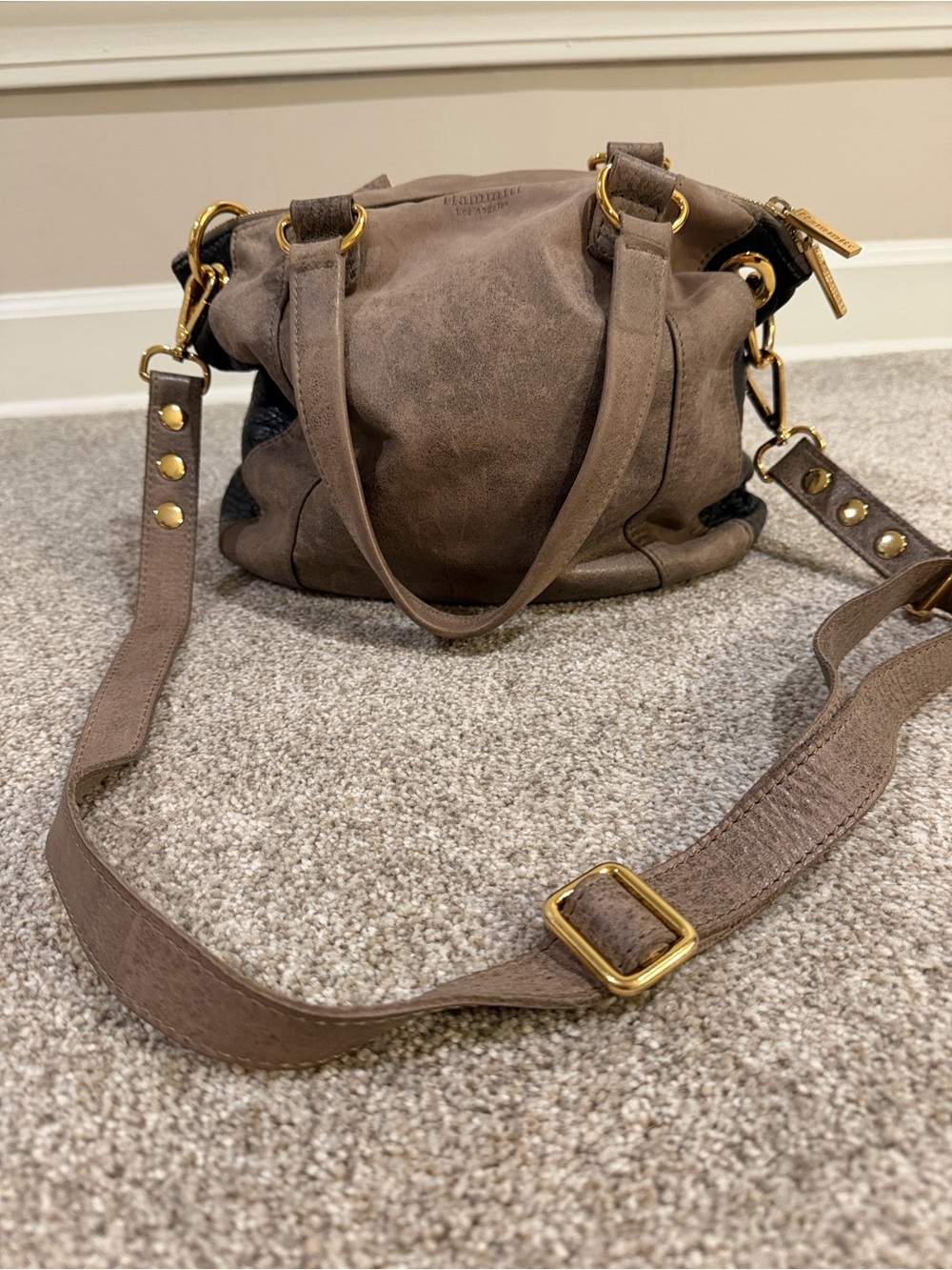 Taupe Suede Crossbody Bag with Gold Hardware